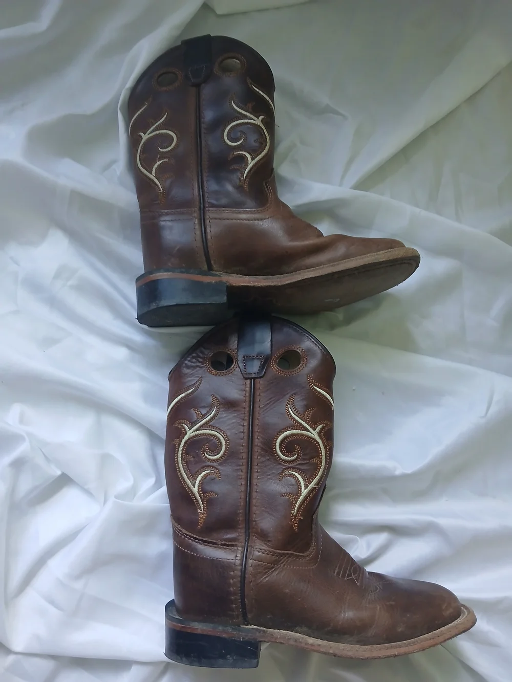 Old West Boys Brown Leather Square Toe Western Boots  size 11-D Kids